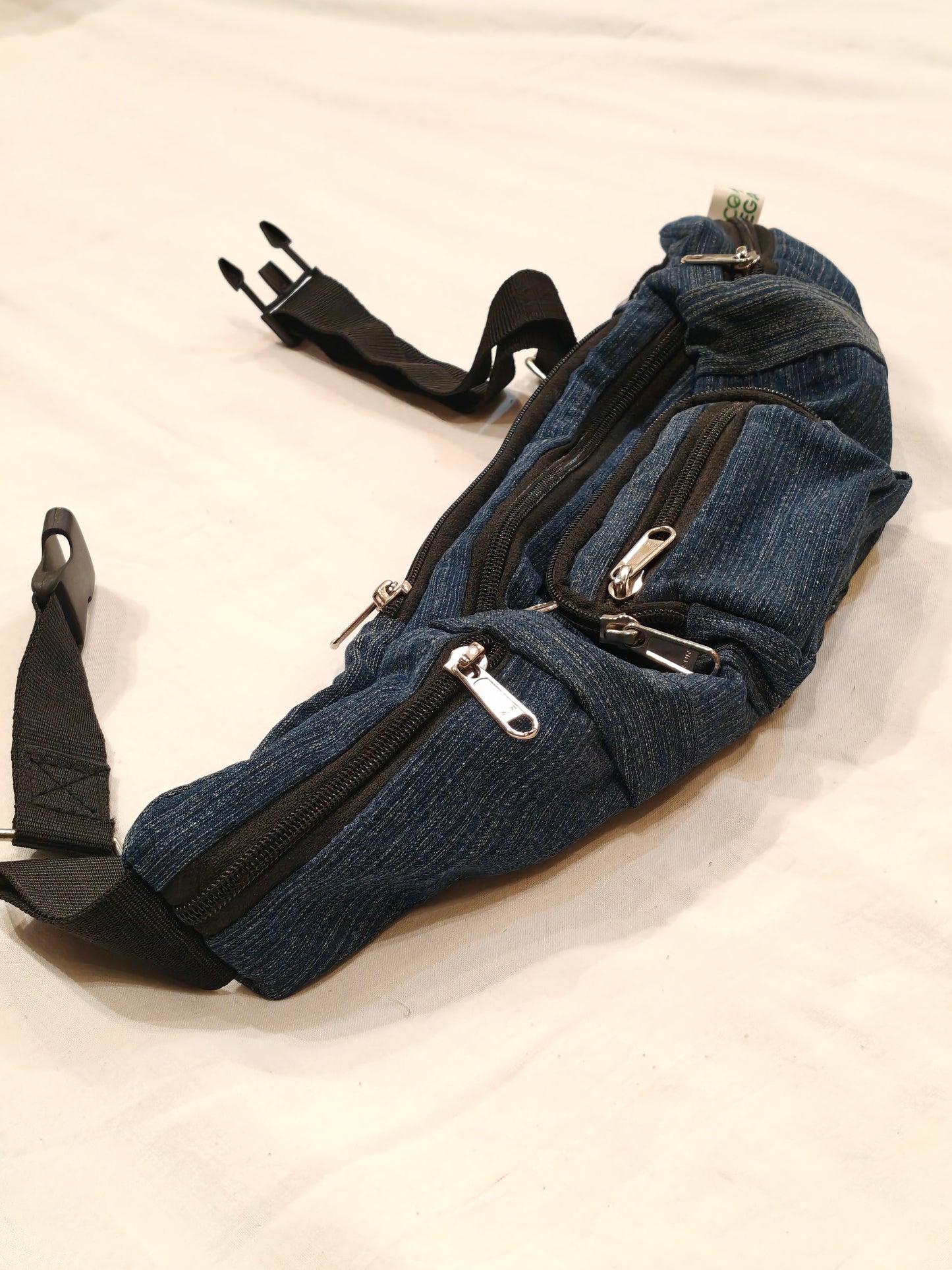 Denim waist pouch / fanny pouch with multiple zip compartments - perfect travel accessory
