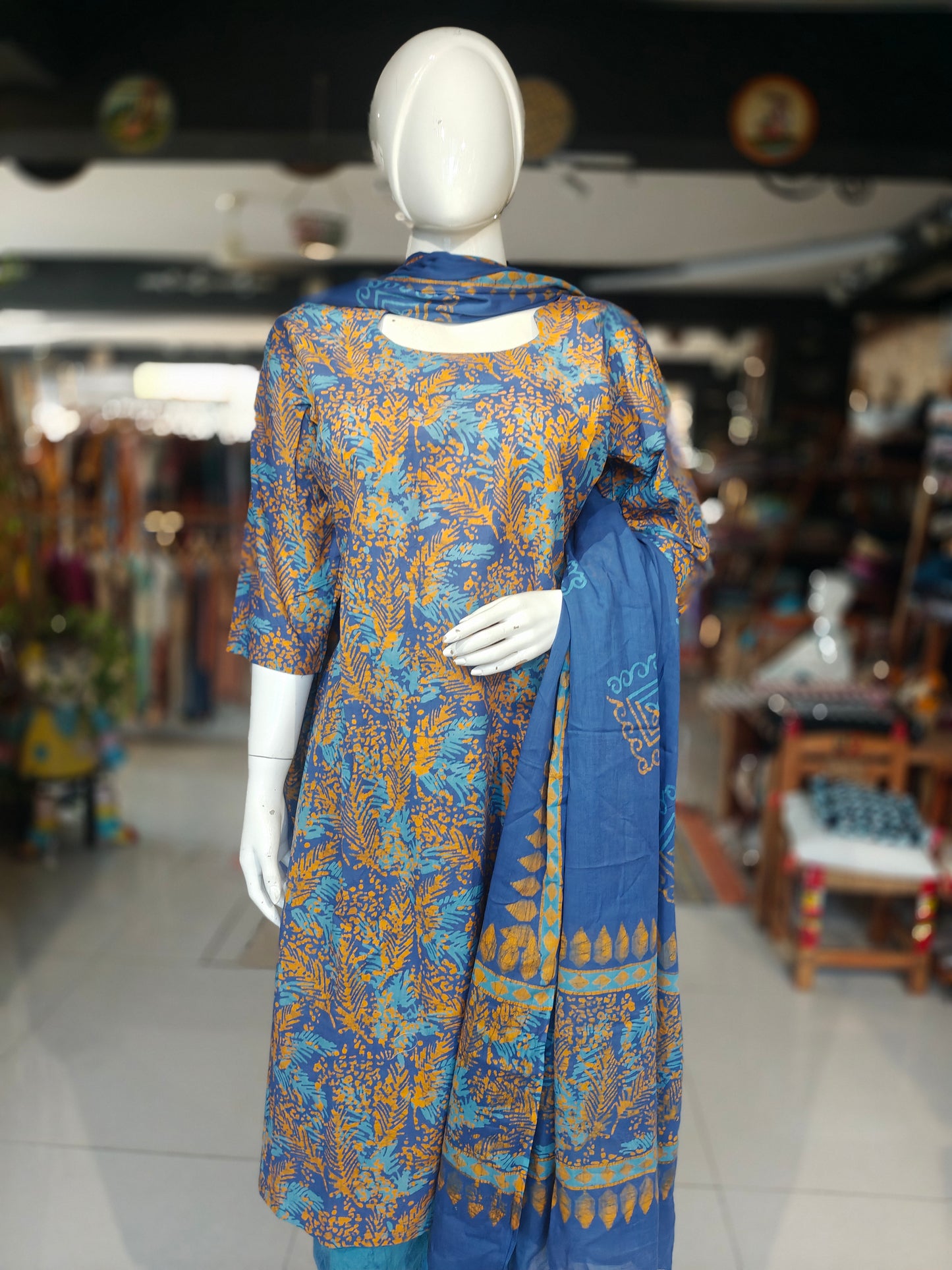 Blue and brown leaf pattern soft batik cotton straight kurta, dupatta and pants - 3 piece suit set
