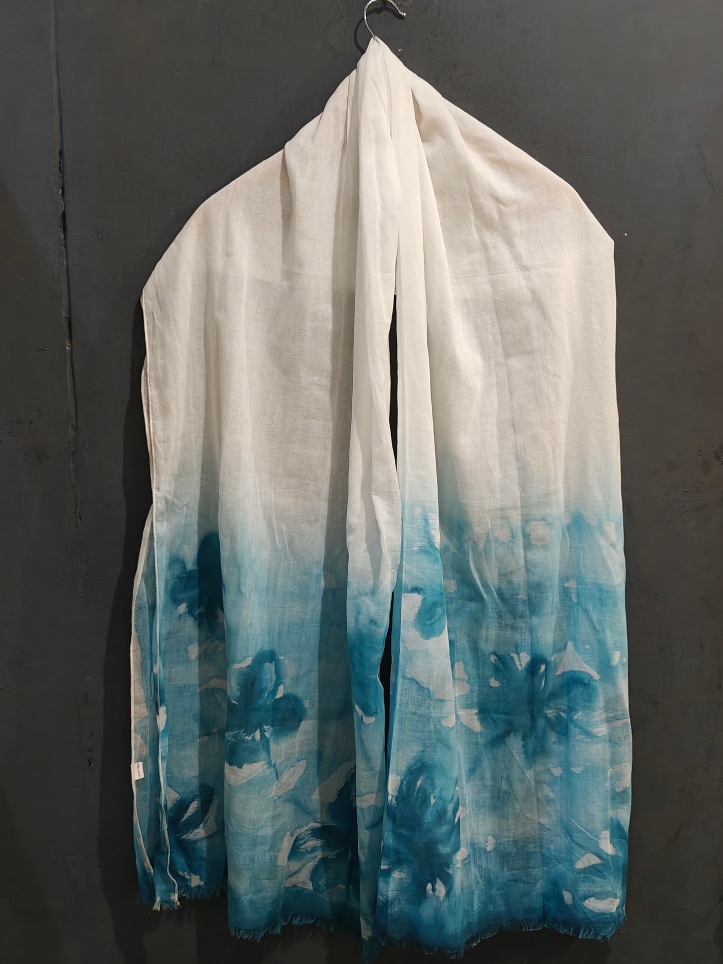 White and sky blue handpainted mul cotton dupatta