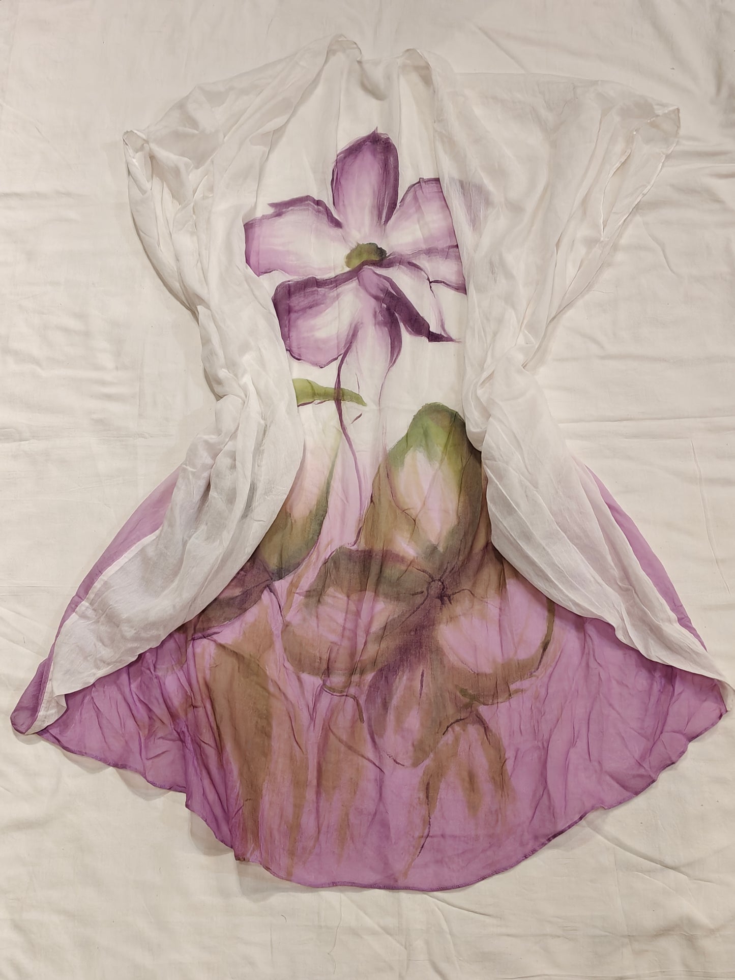 Purple and green hand-painted mul cotton long shrug