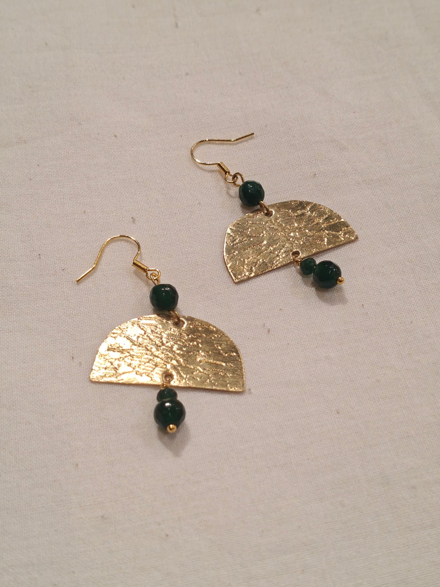 Semi-circular brass handcrafted hook earrings with green beads