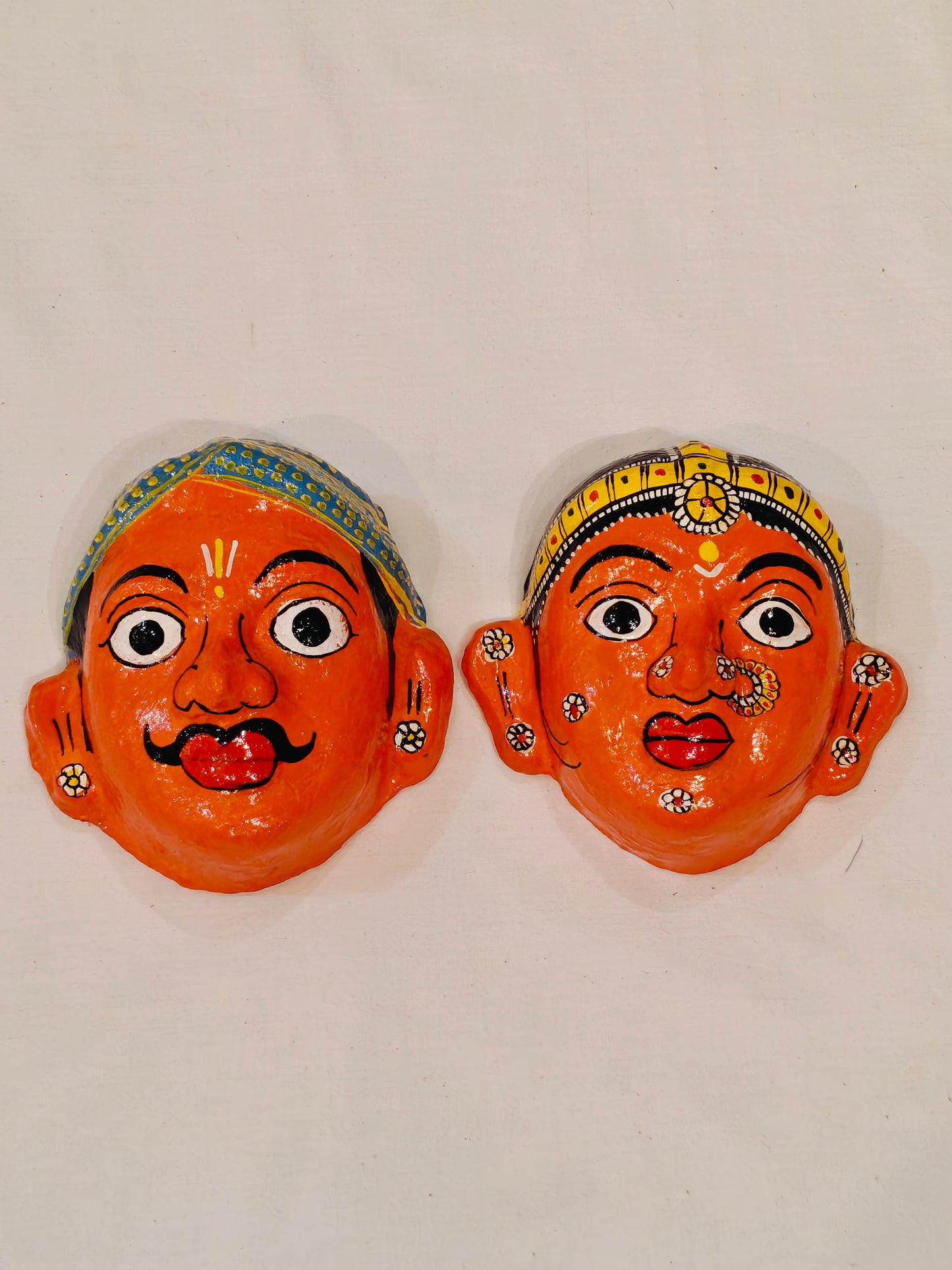 Man and woman handcrafted Cheriyal mask pair - 5 Inches size - multiple colors available