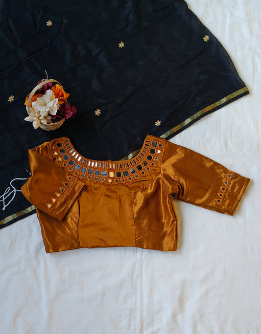 Golden brown mirror work hand embroidered Mashru blouse