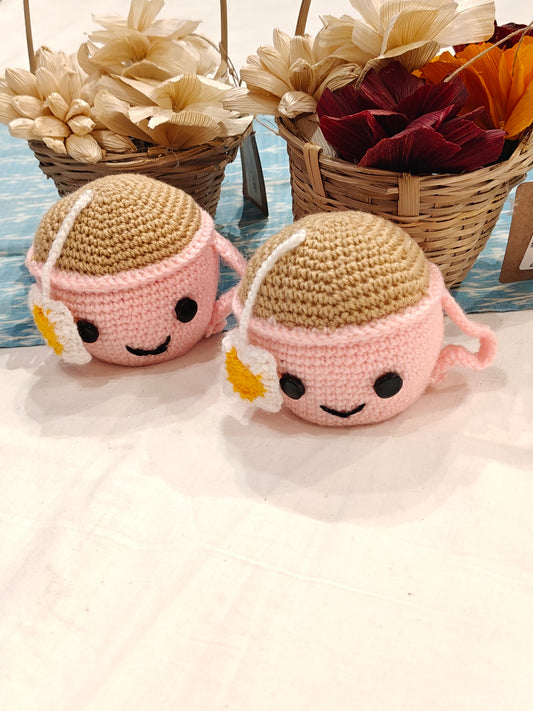 Cute Crochet tea cups with face and an attached tea bag - handcrafted crochet decor - 6pc set