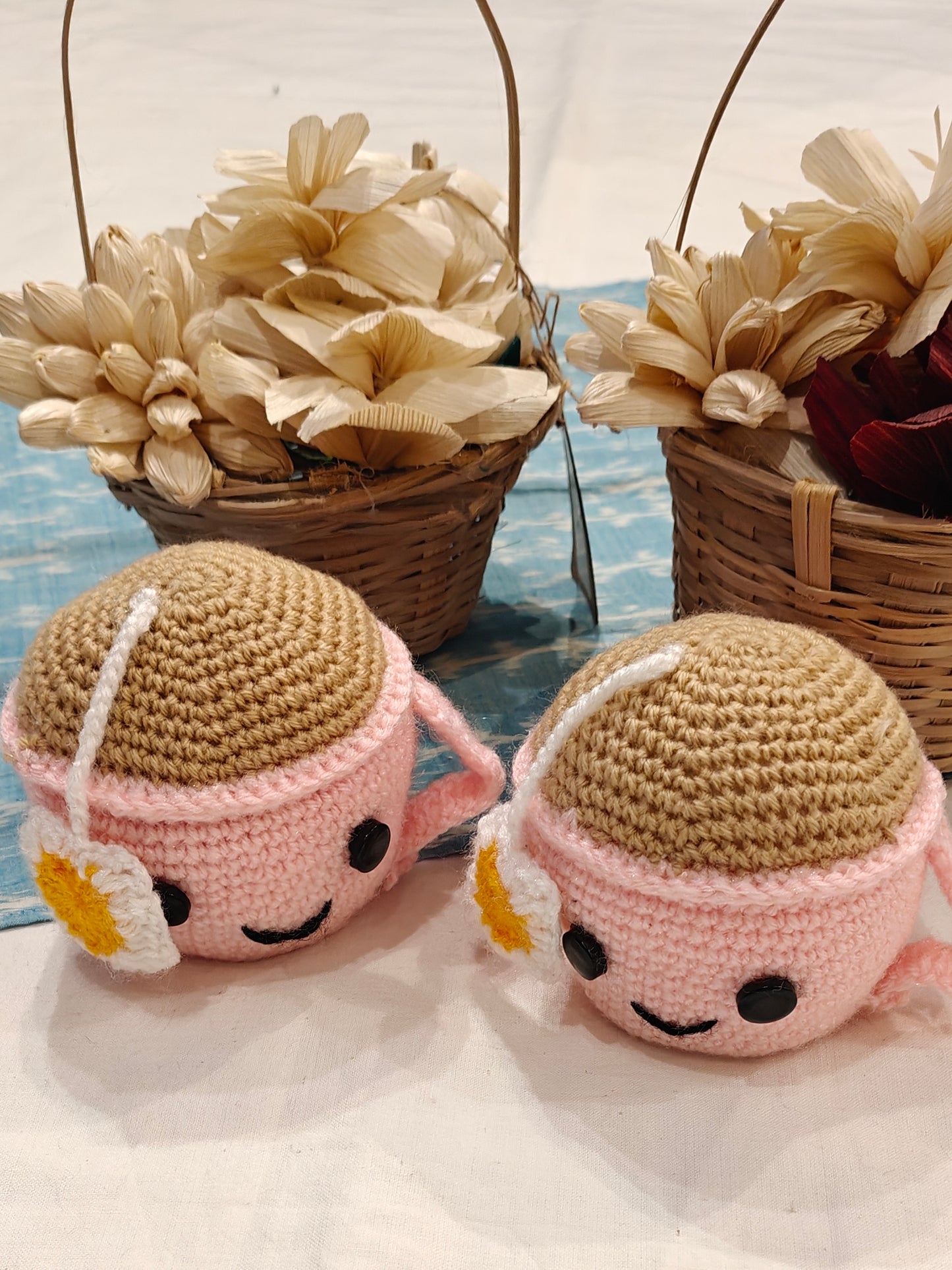 Cute Crochet tea cups with face and an attached tea bag - handcrafted crochet decor - 6pc set
