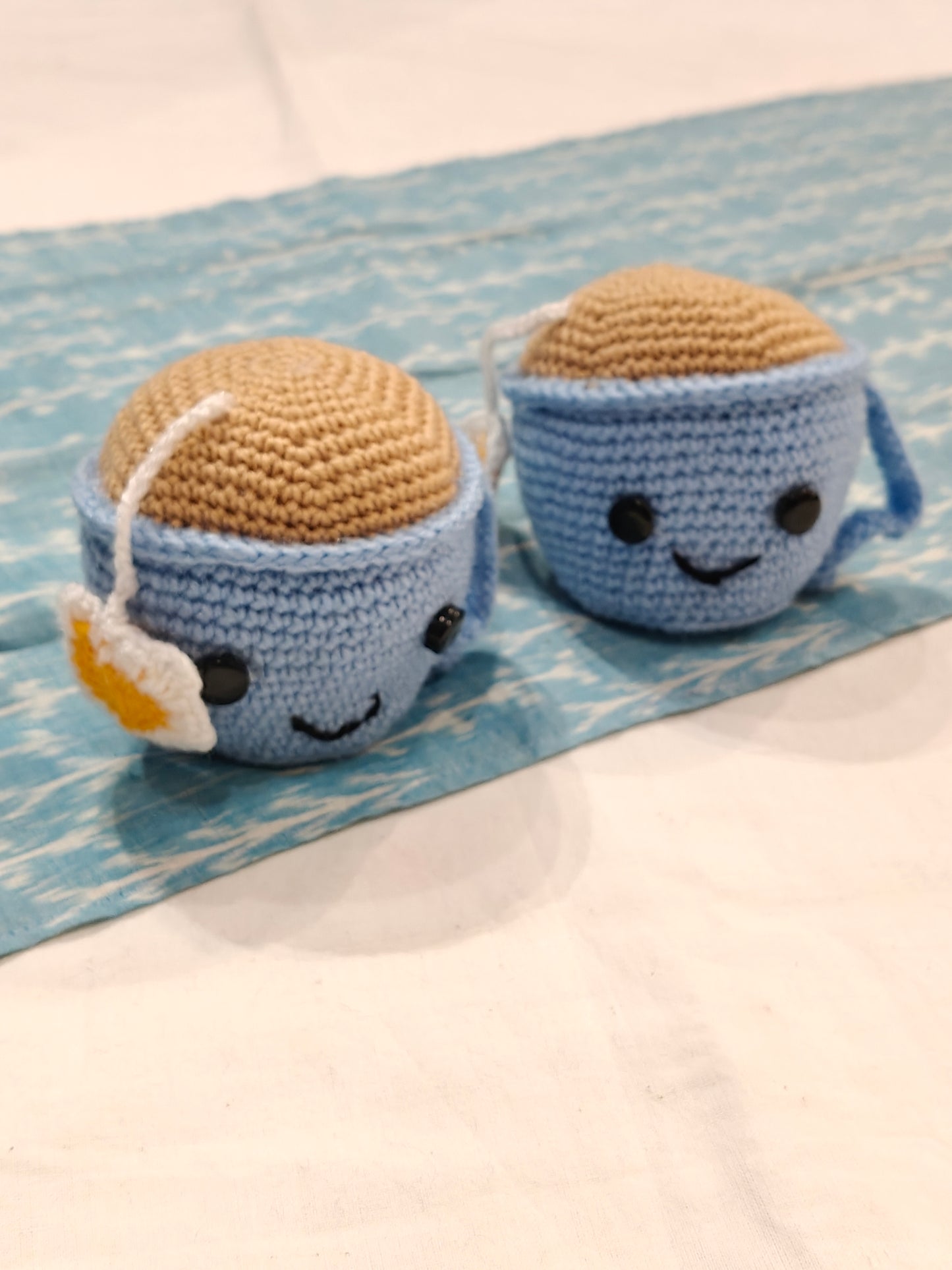 Cute Crochet tea cups with face and an attached tea bag - handcrafted crochet decor - 6pc set