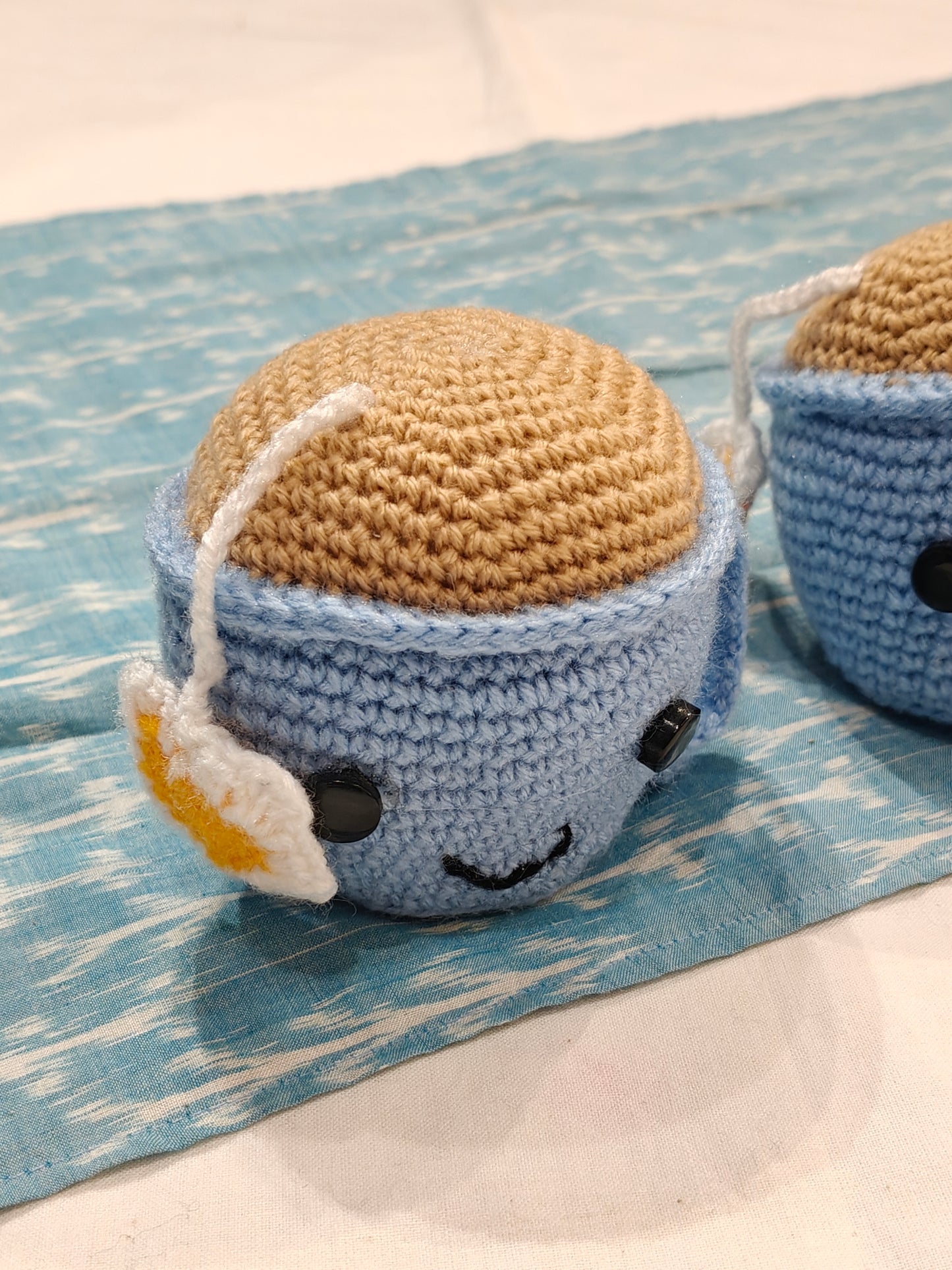 Cute Crochet tea cups with face and an attached tea bag - handcrafted crochet decor - 6pc set