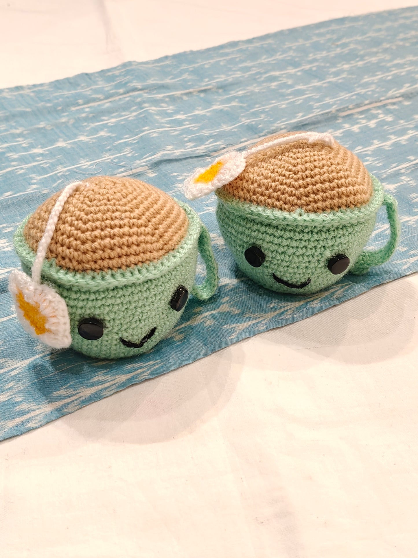 Cute Crochet tea cups with face and an attached tea bag - handcrafted crochet decor - 6pc set