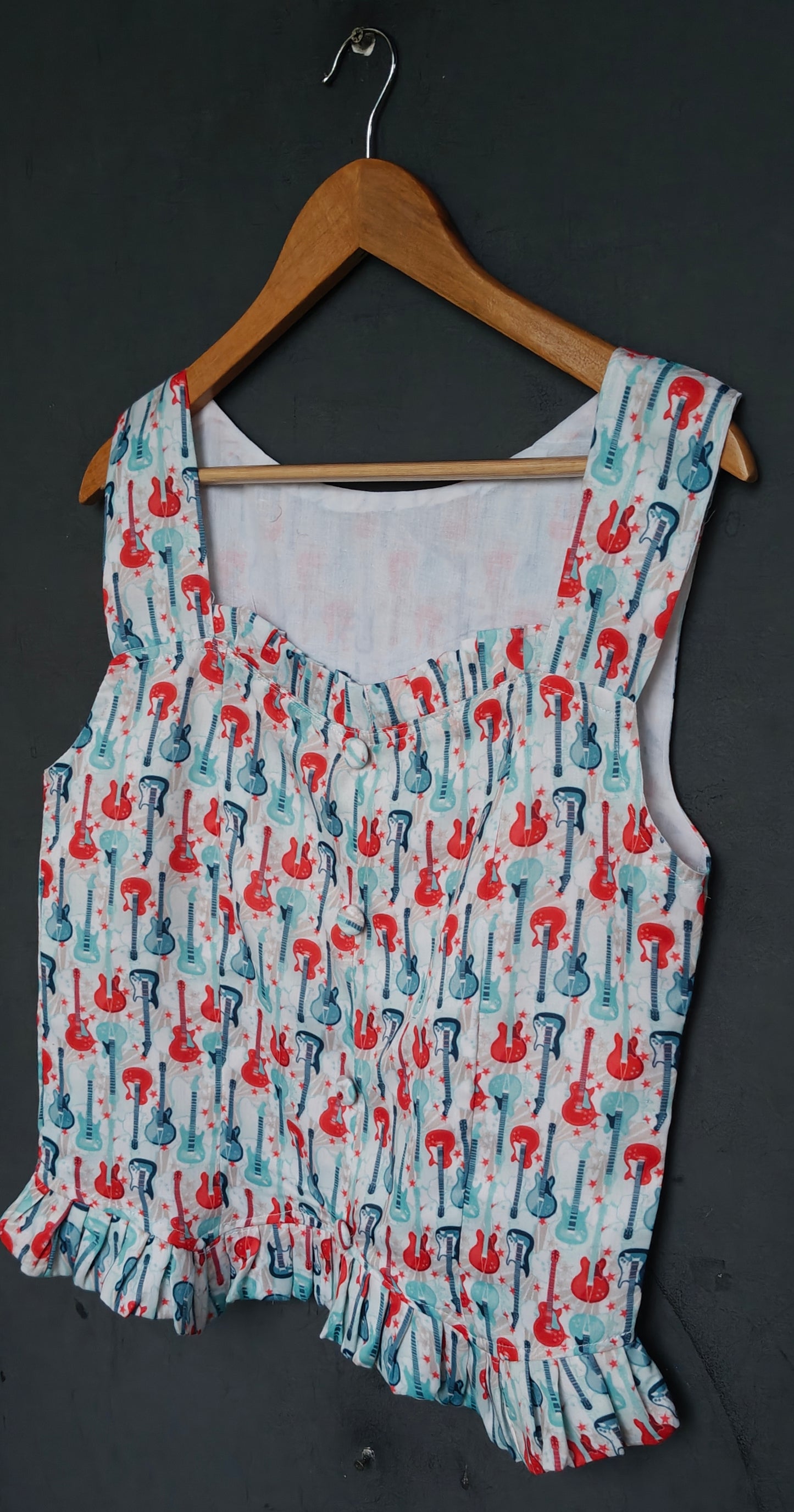 Quirky guitar printed top - frills at neck and hem