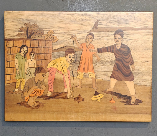 Wood Inlay work wall panel -  Children playing outdoor - childhood memories