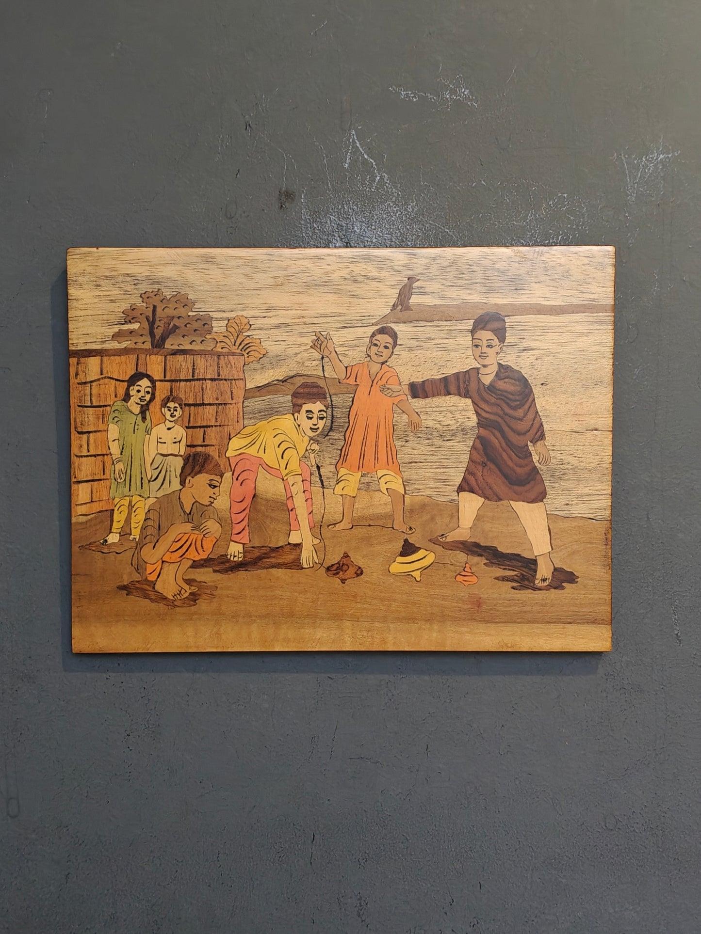 Wood Inlay work wall panel - Children playing outdoor - childhood memories