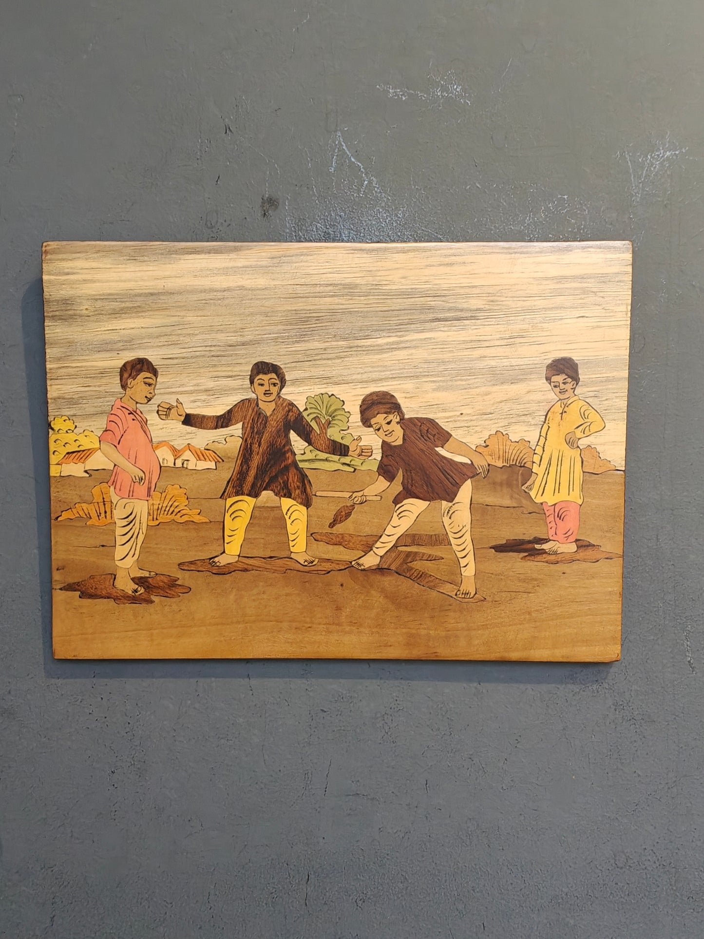 Wood Inlay work wall panel - Children playing outdoor - childhood memories