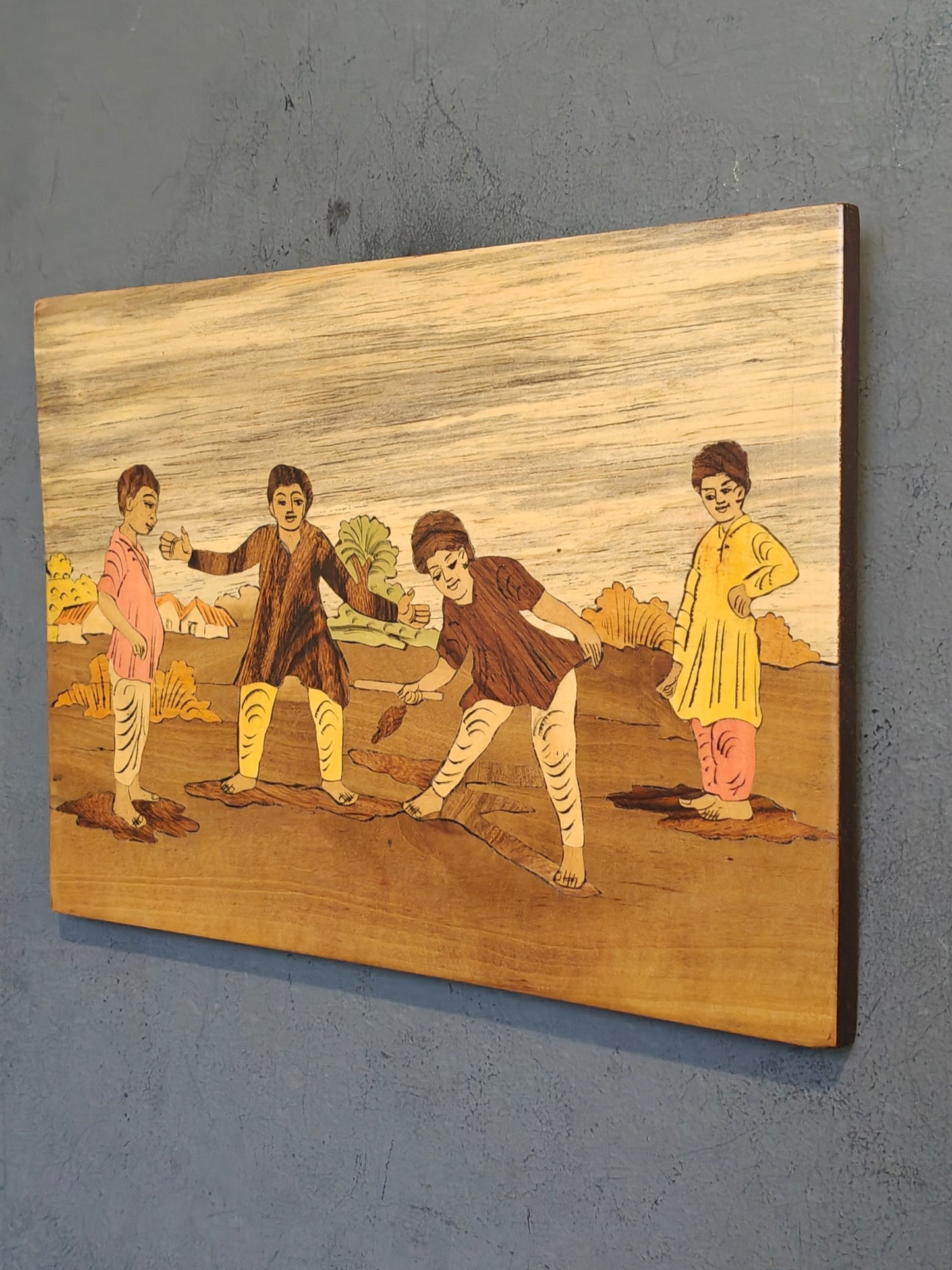 Wood Inlay work wall panel - Children playing outdoor - childhood memories