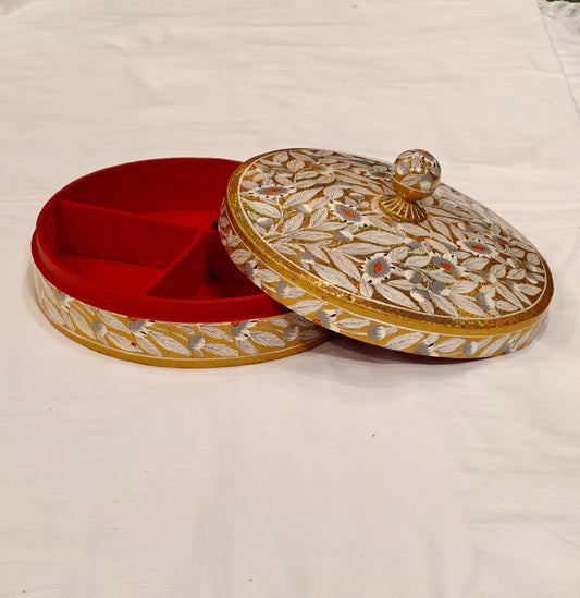 White and gold Flowers hand painted papier mache dry fruits box / jewellery organizer