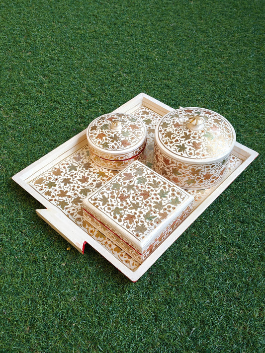 White and gold leaves hand painted papier mache tray and two boxes - 3 piece set