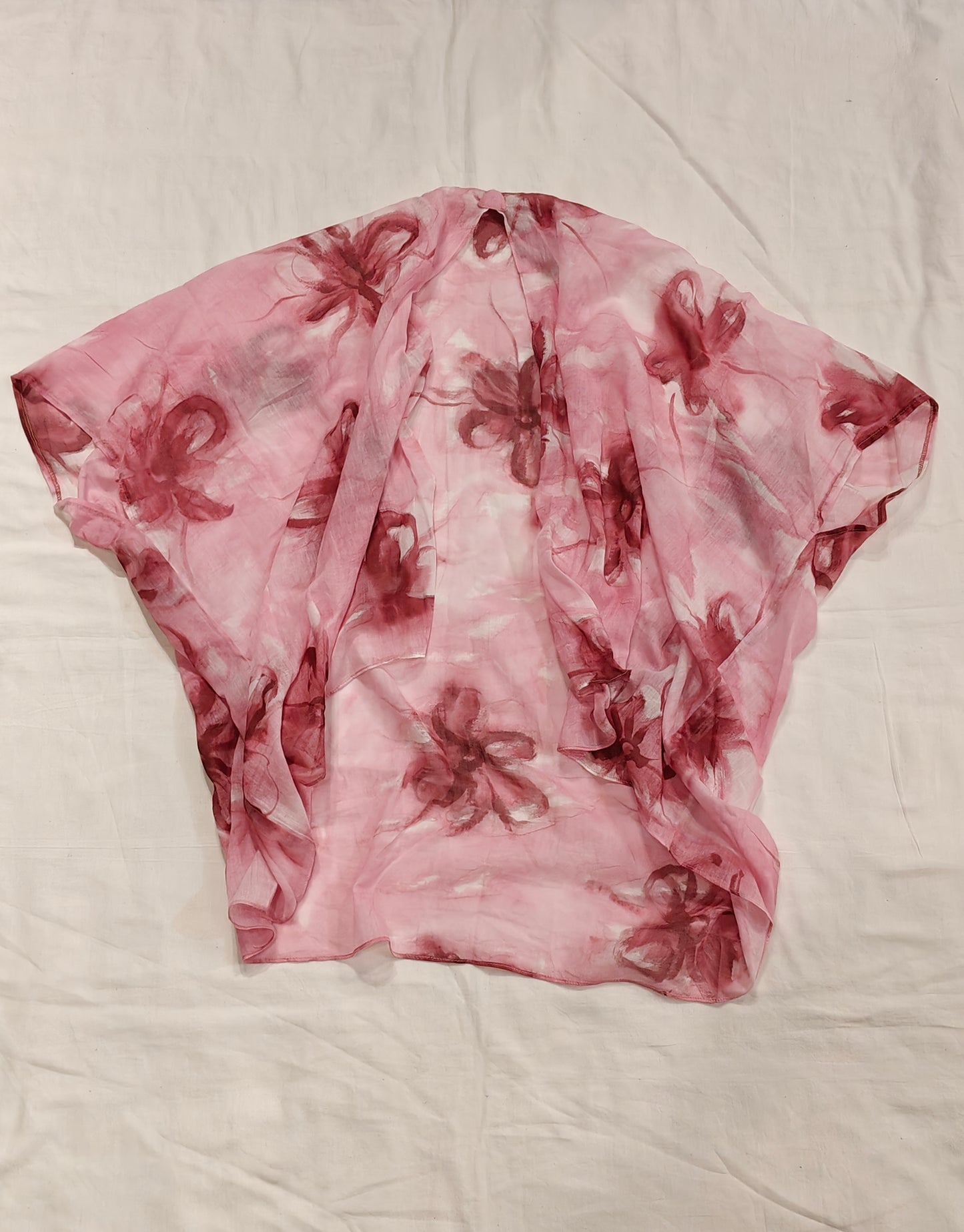Pink flowers handpainted on white base mul cotton shrug