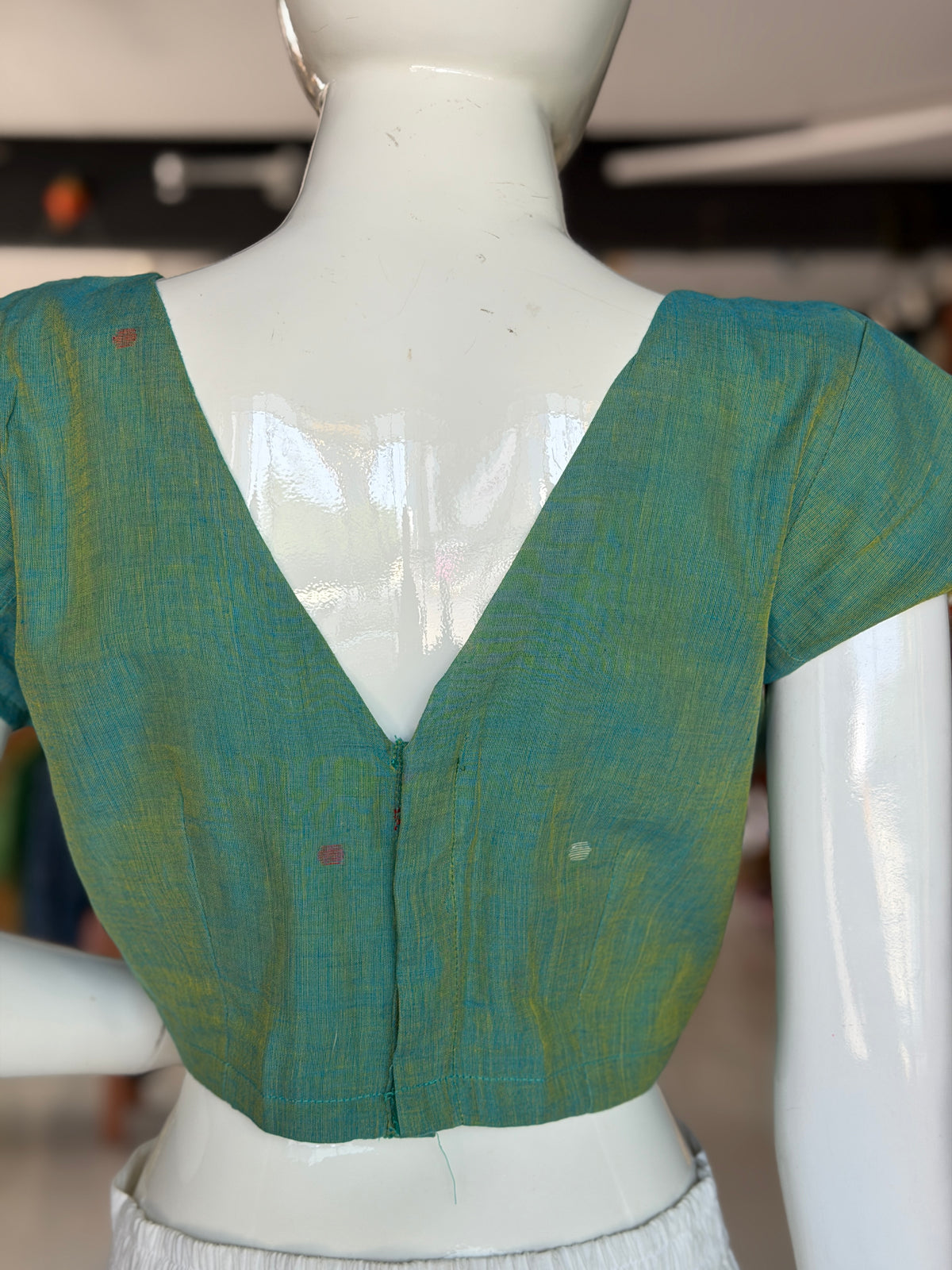 Teal Green Blouse with magenta accents back open handloom cotton blouse