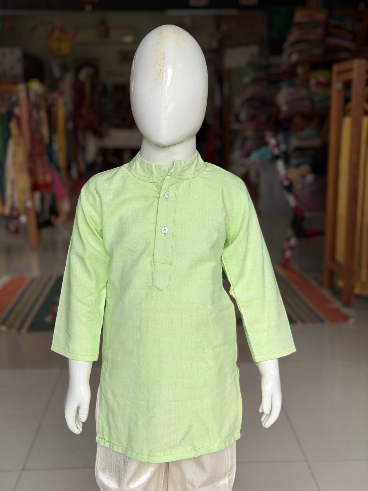 Pistachio green long handwoven cotton kurta for boys
