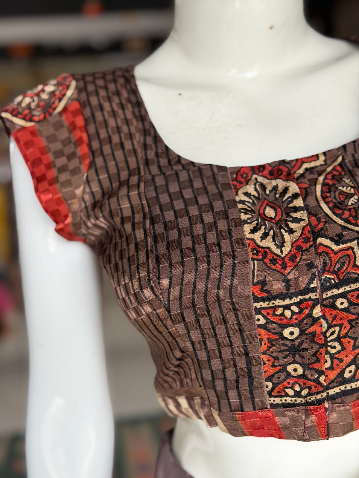 Brown n beige Ajrakh hand block printed front open satin cotton blouse