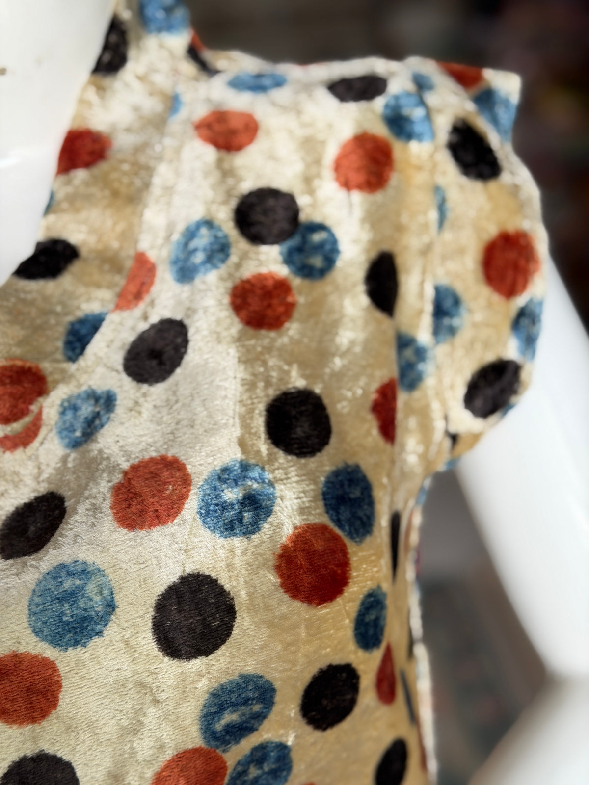 Off white velvet Ajrakh hand block printed top with colorful circles