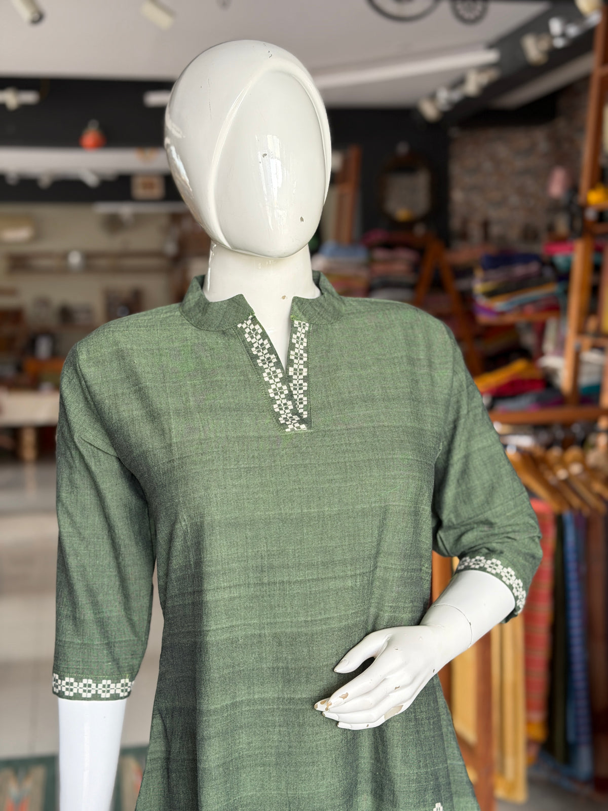 Assam handloom cotton green coord set with woven butis