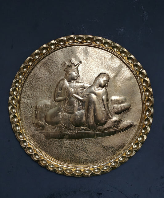 Radha Krishna - Brass handcrafted round wall plate - traditional embossed Chamba thaal