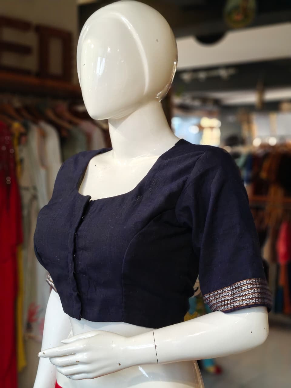 Handloom cotton elbow sleeves with borders blouse - Handpainted / Hand embroidered
