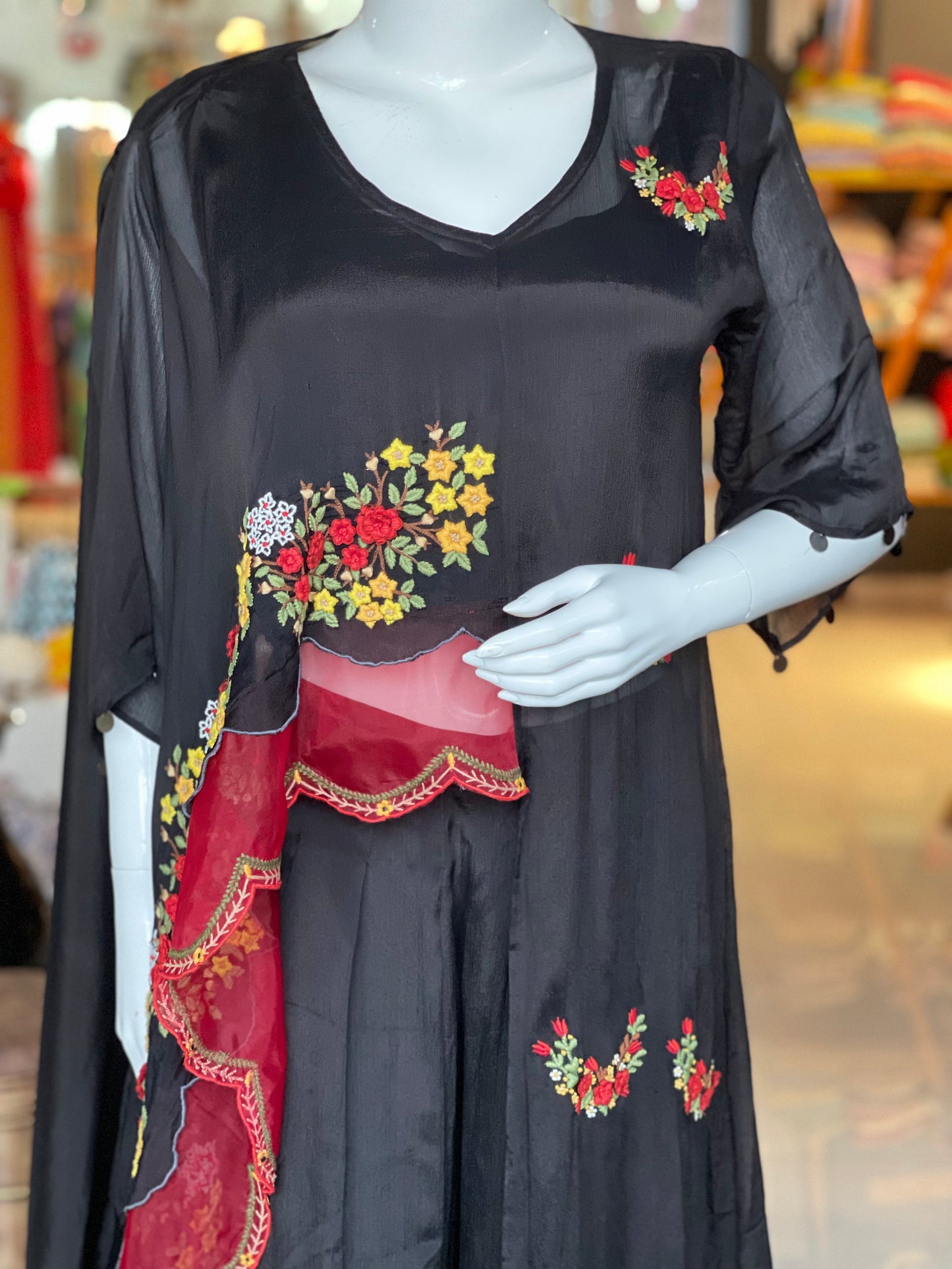Black and red asymmetric cape style embroidered top with plazo