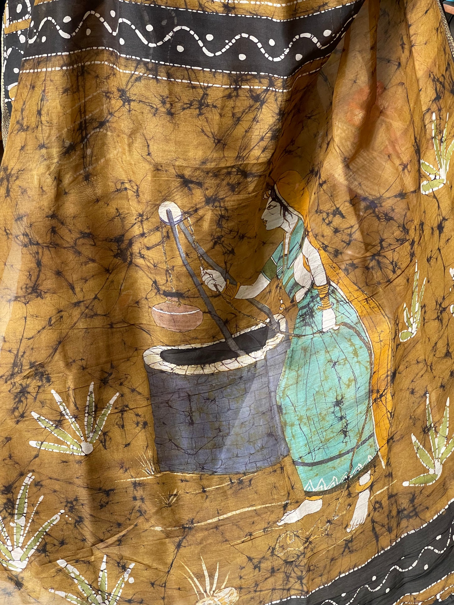 Wax batik printed silk cotton Maheshwari handloom saree with Narmada lehar border