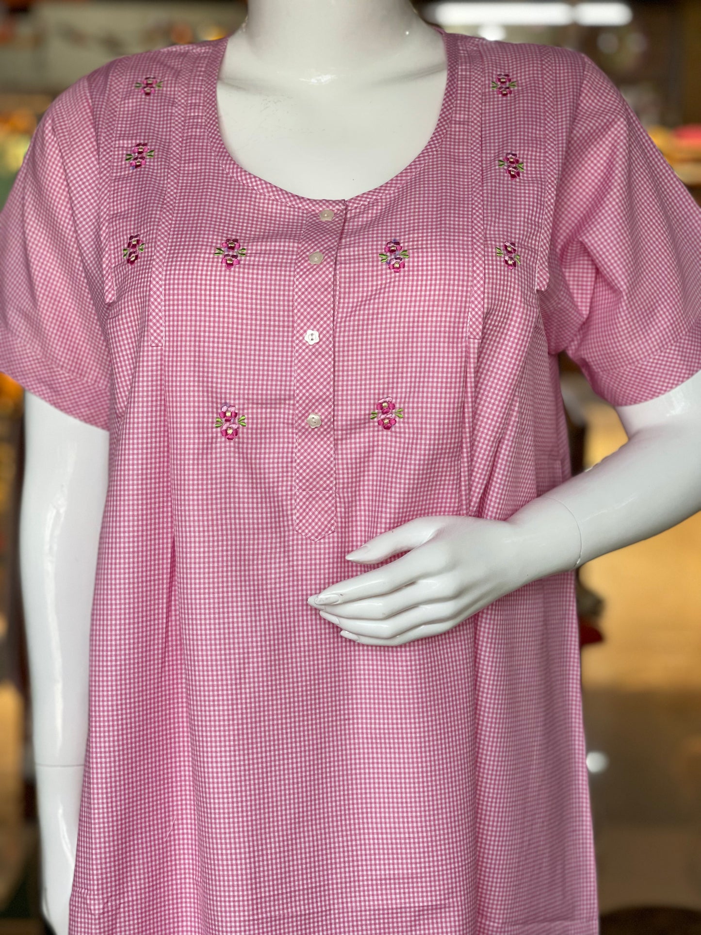 Pink and white checks hand embroidered cotton nighty