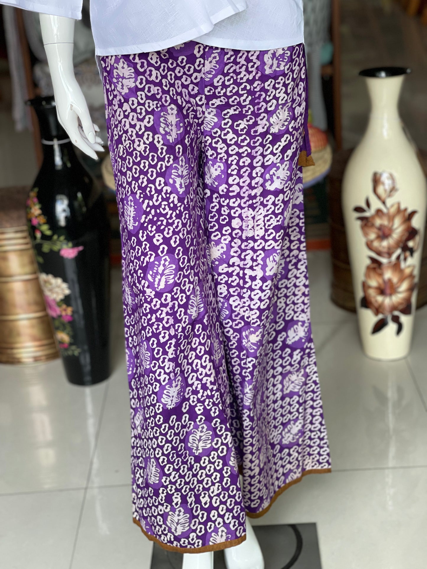 Violet leaves design hand block Batik cotton free size plazo with waist draw string