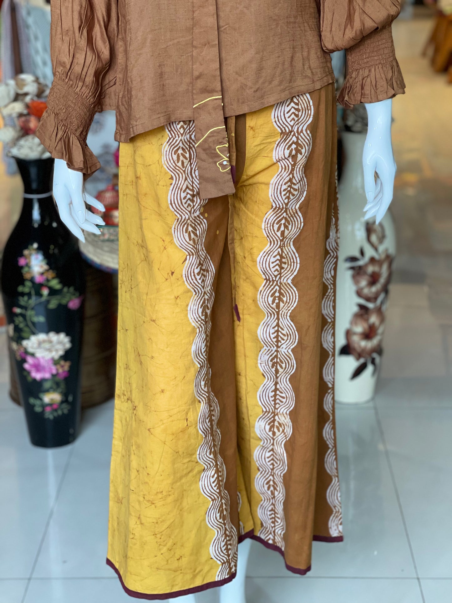 Mustard and Brown hand block Batik cotton free size plazo with waist draw string