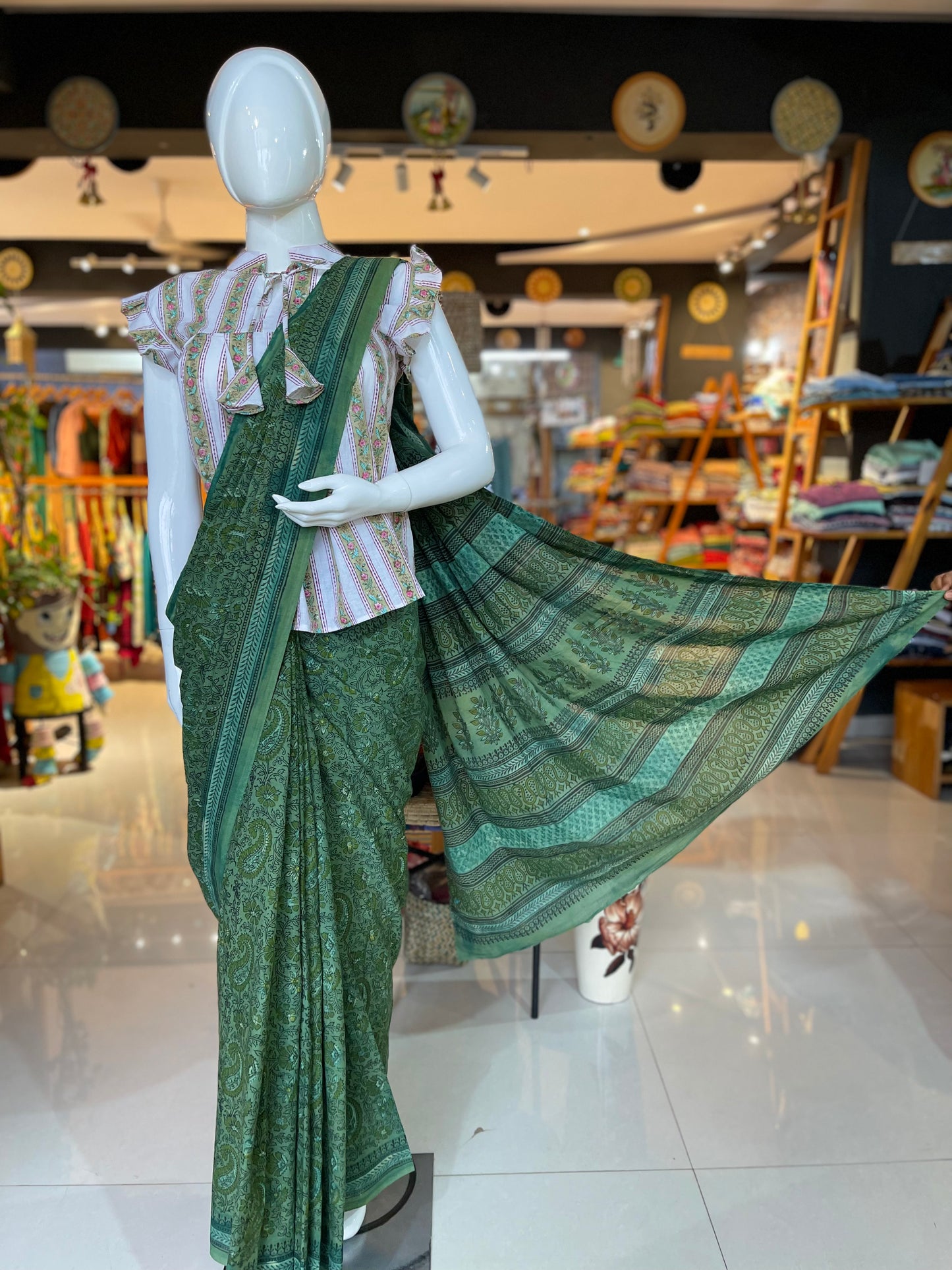 Green paisleys and flowers hand block printed cotton saree
