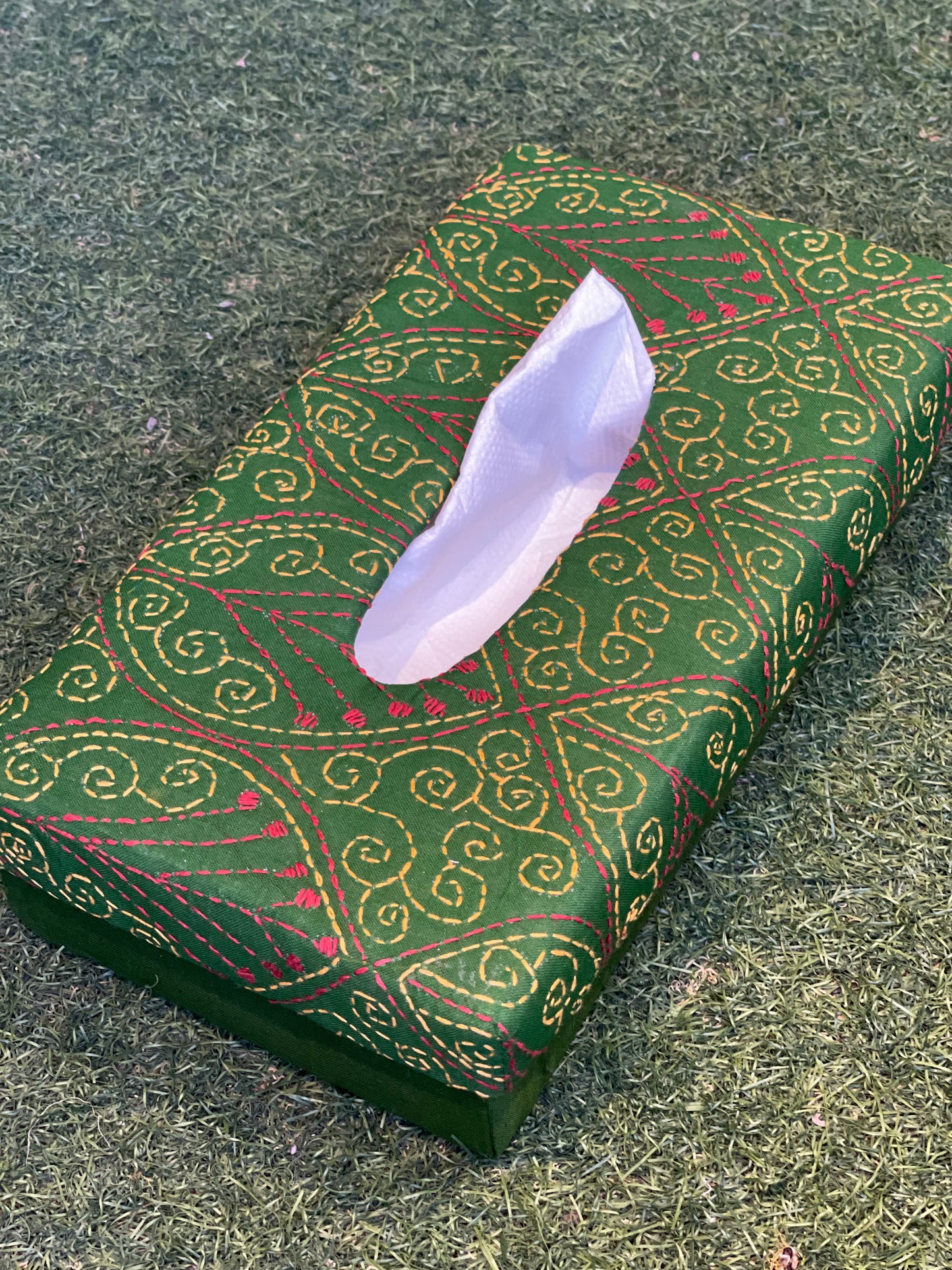Green Kantha hand embroidered tissue box