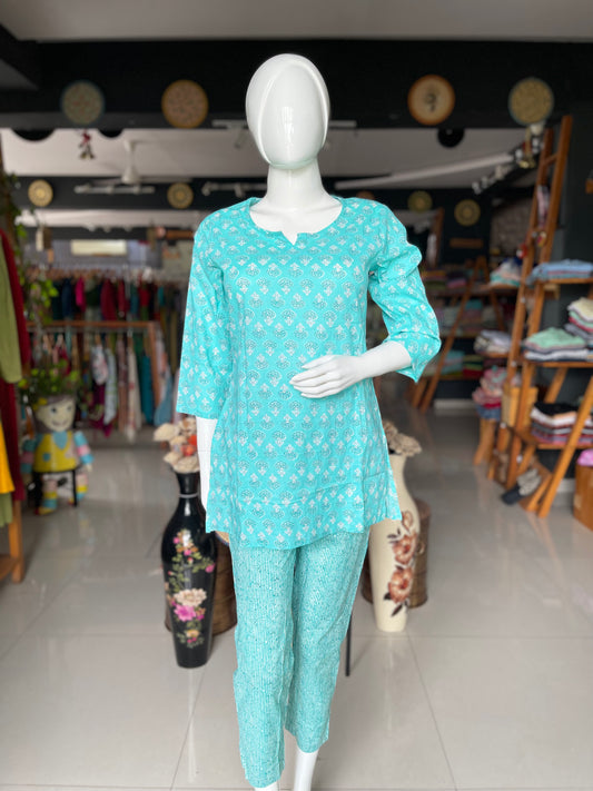 Aqua blue printed cotton lounge wear set