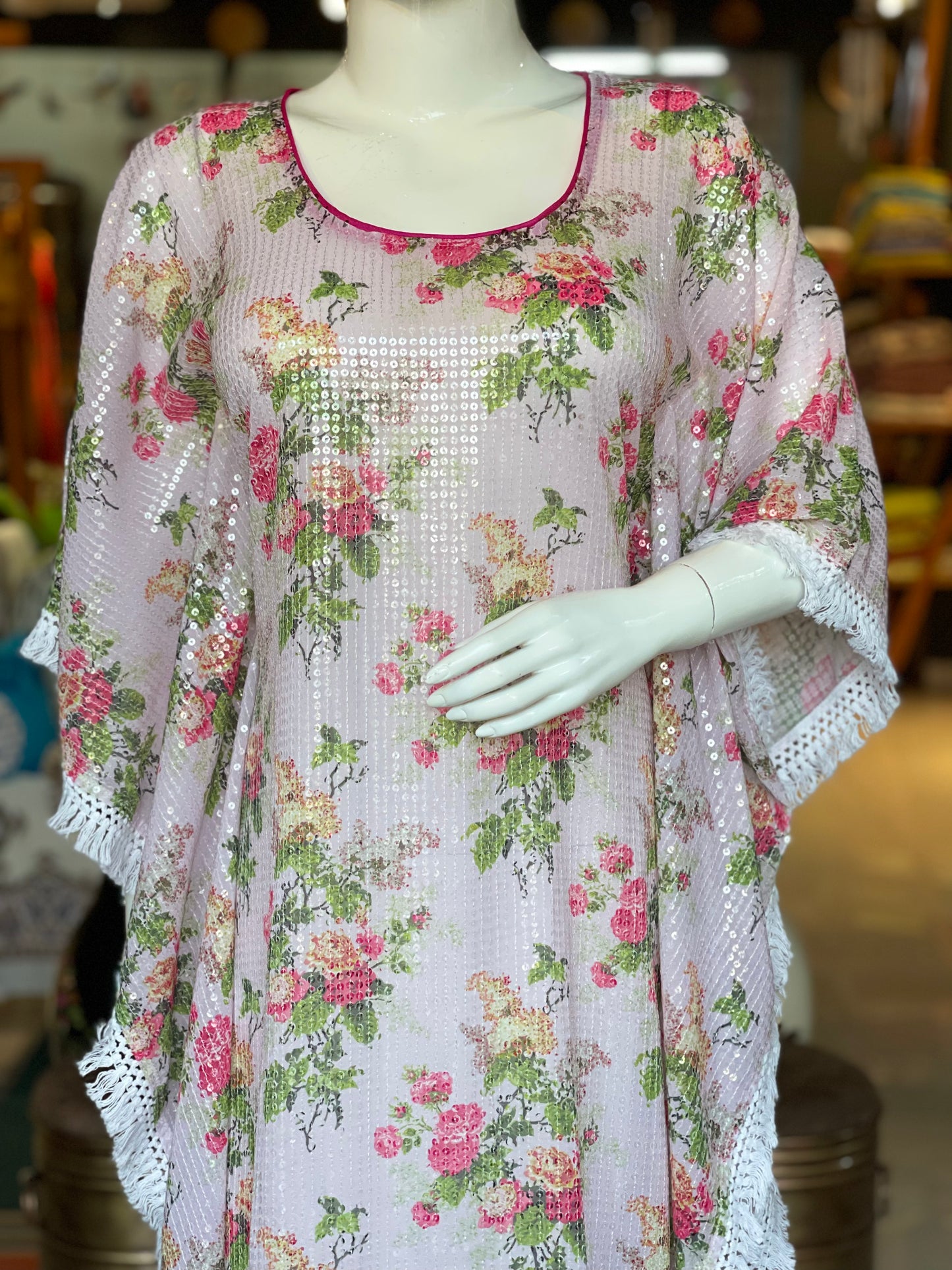 Light pink floral georgette sequins kaftan with lace borders