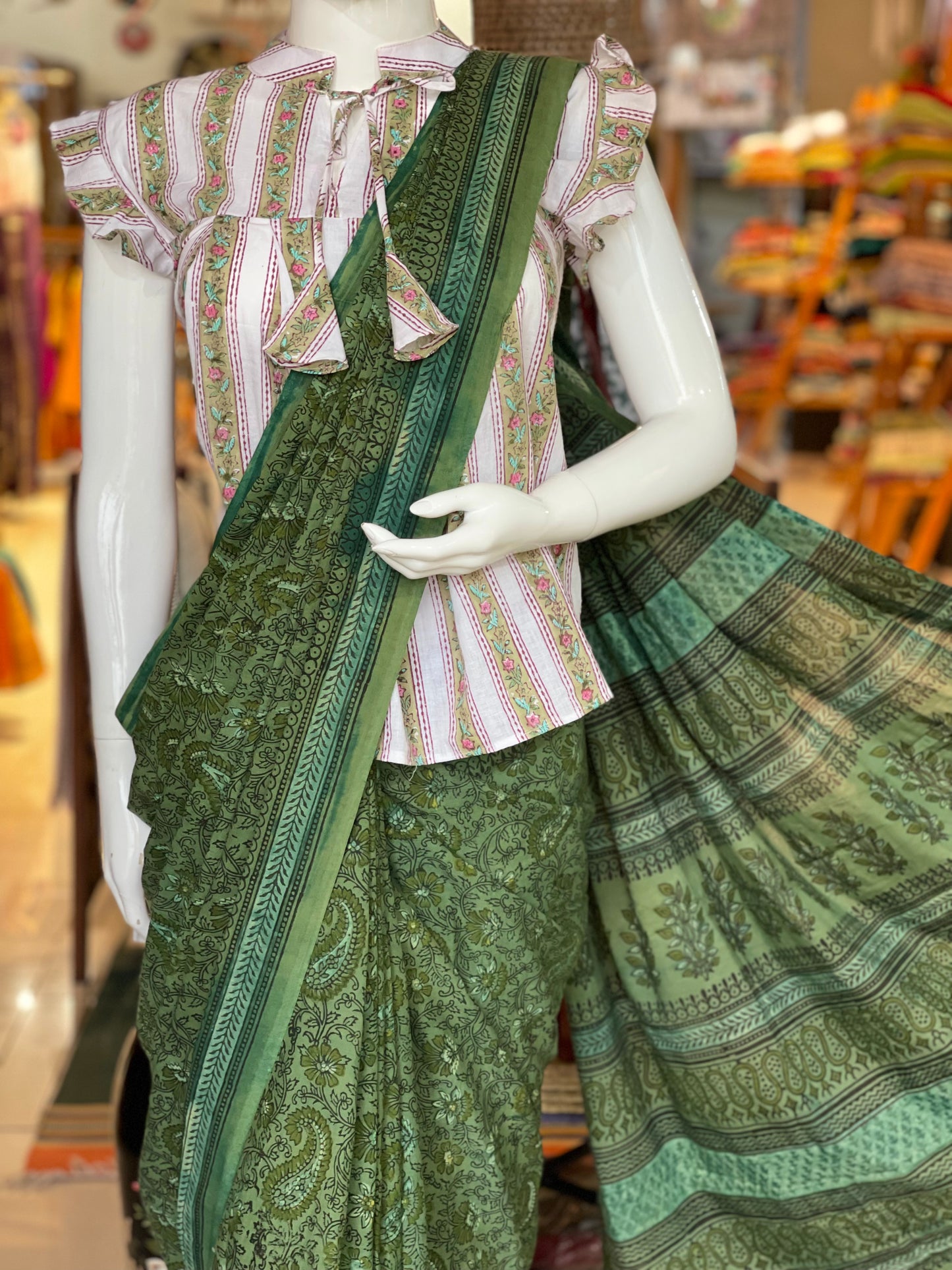 Green paisleys and flowers hand block printed cotton saree