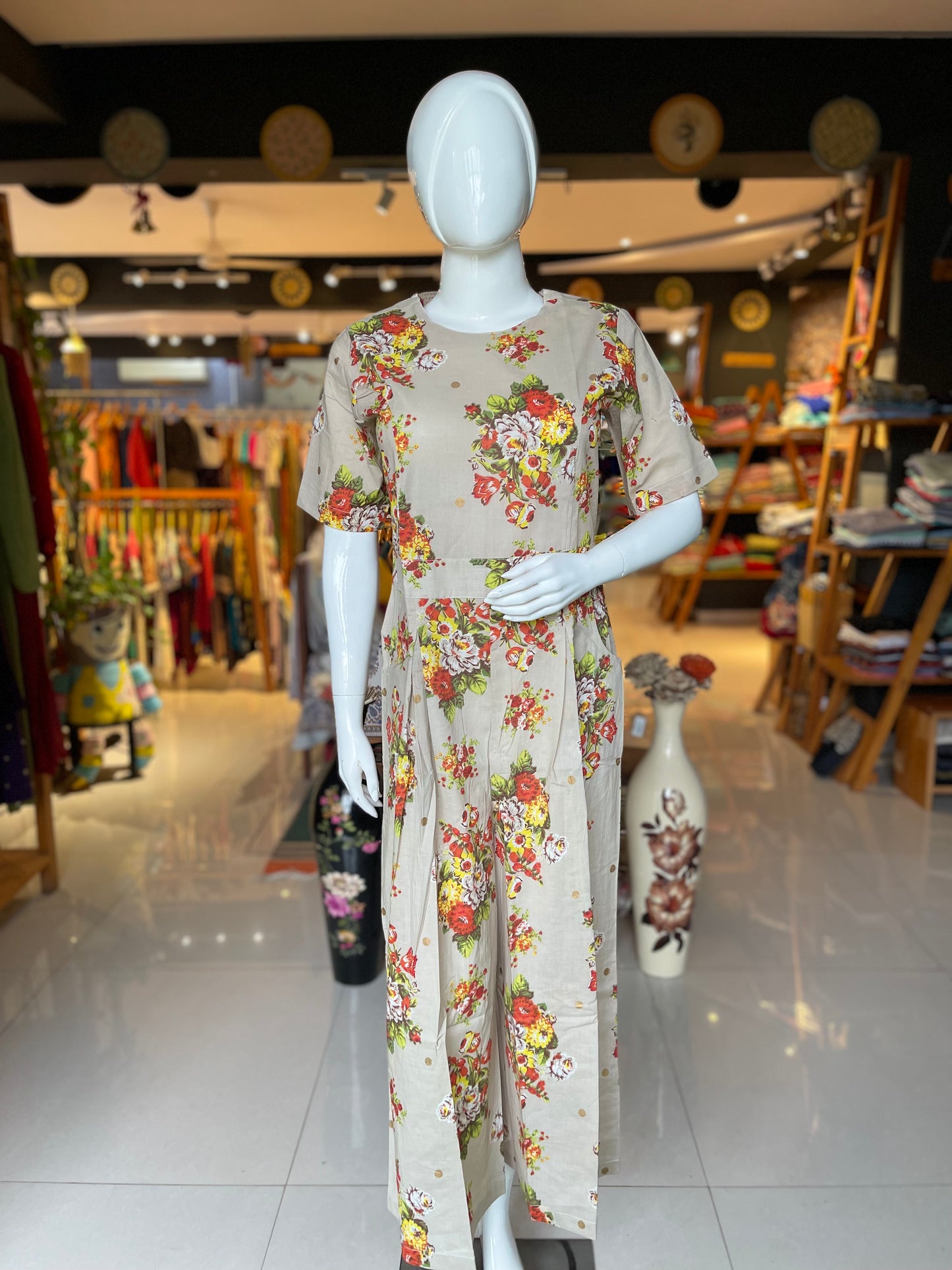 Beige floral cotton jumpsuit