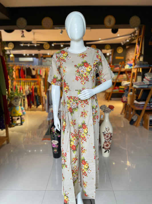 Beige floral cotton jumpsuit