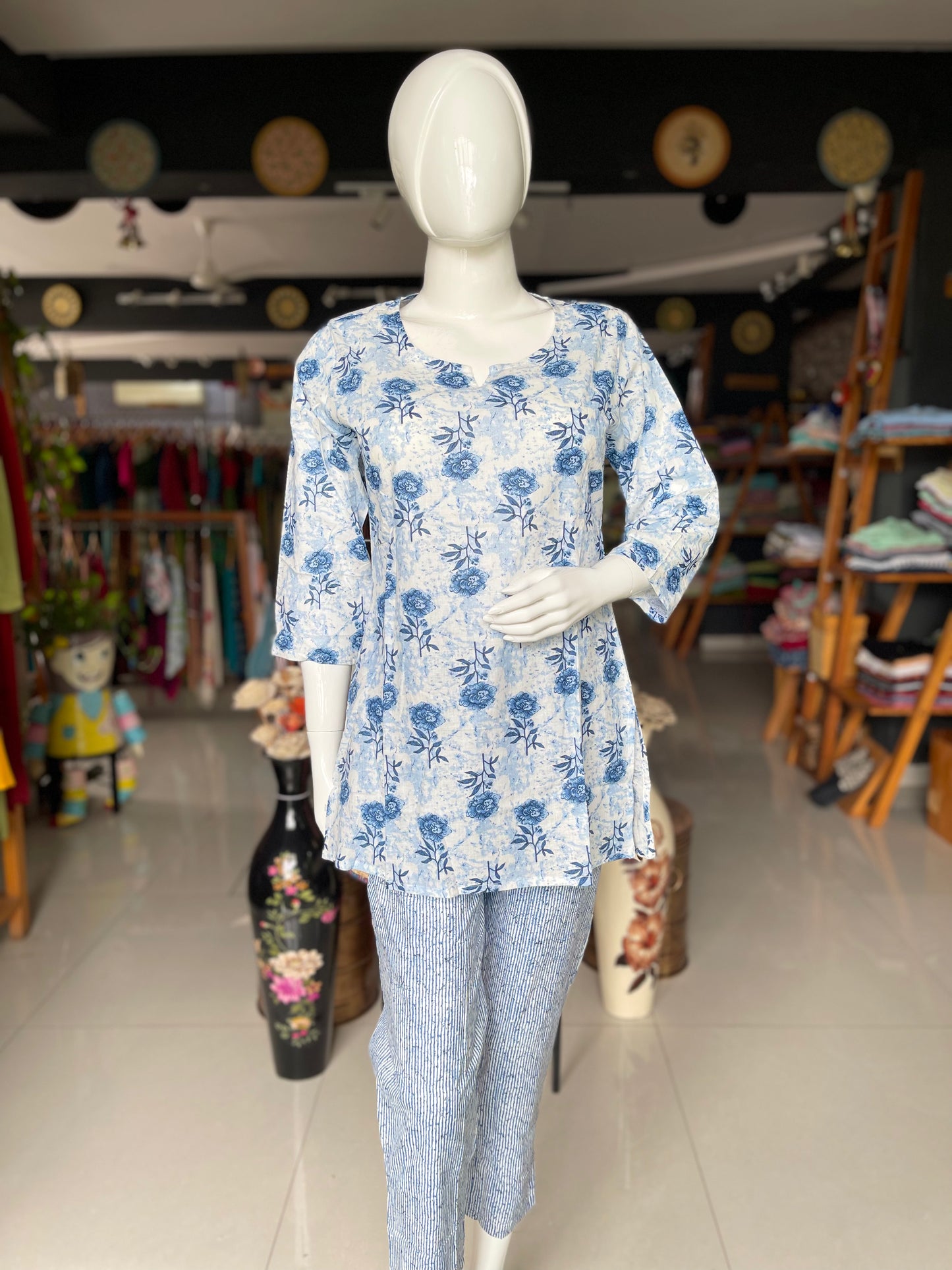 White and blue printed cotton lounge wear set with striped pajamas