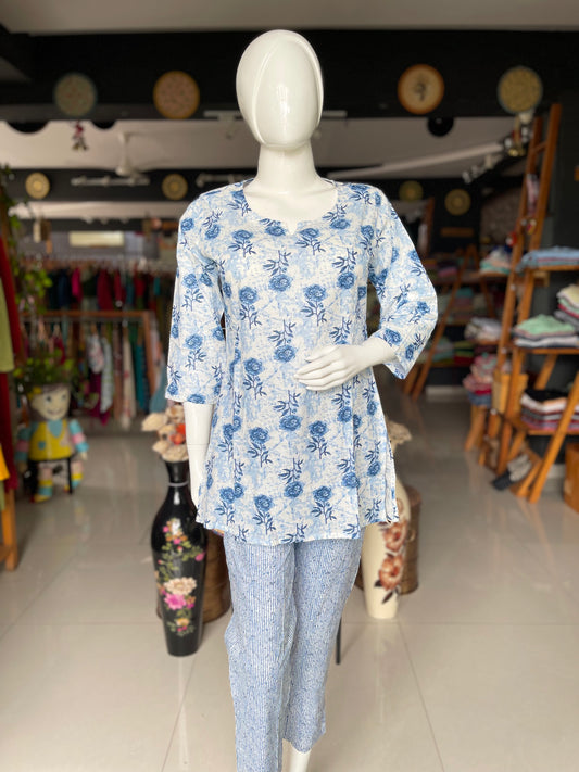 White and blue printed cotton lounge wear set with striped pajamas