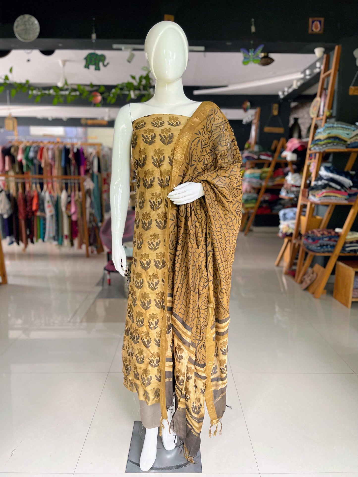 Vanaspati block printed beige n grey 3 piece unstitched suit set
