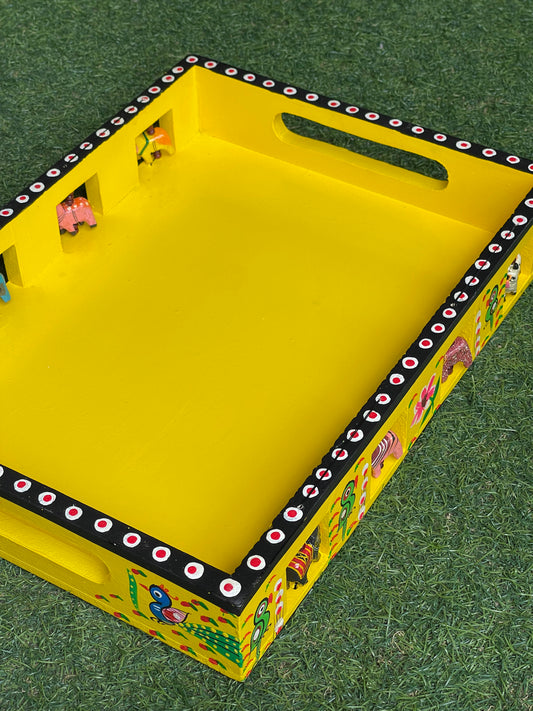 Hand crafted wooden serving tray with rotating animals n birds on the sides - multiple colors and sizes