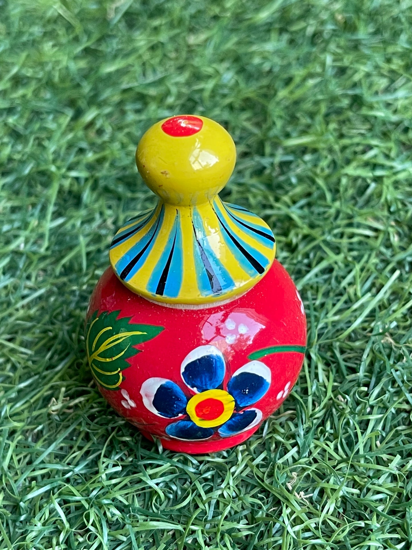 Red hand painted wooden Haldi kumkum bharini / dibbi pair