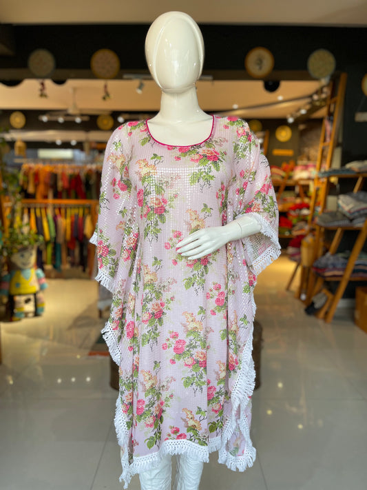 Light pink floral georgette sequins kaftan with lace borders
