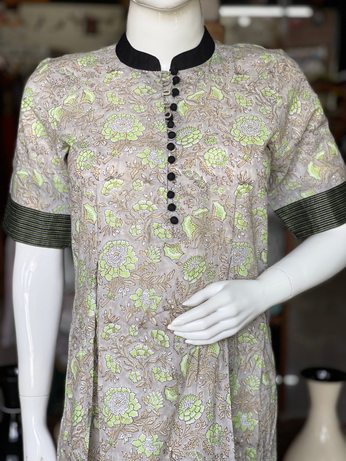 Mint grey floral hand block printed cotton dress