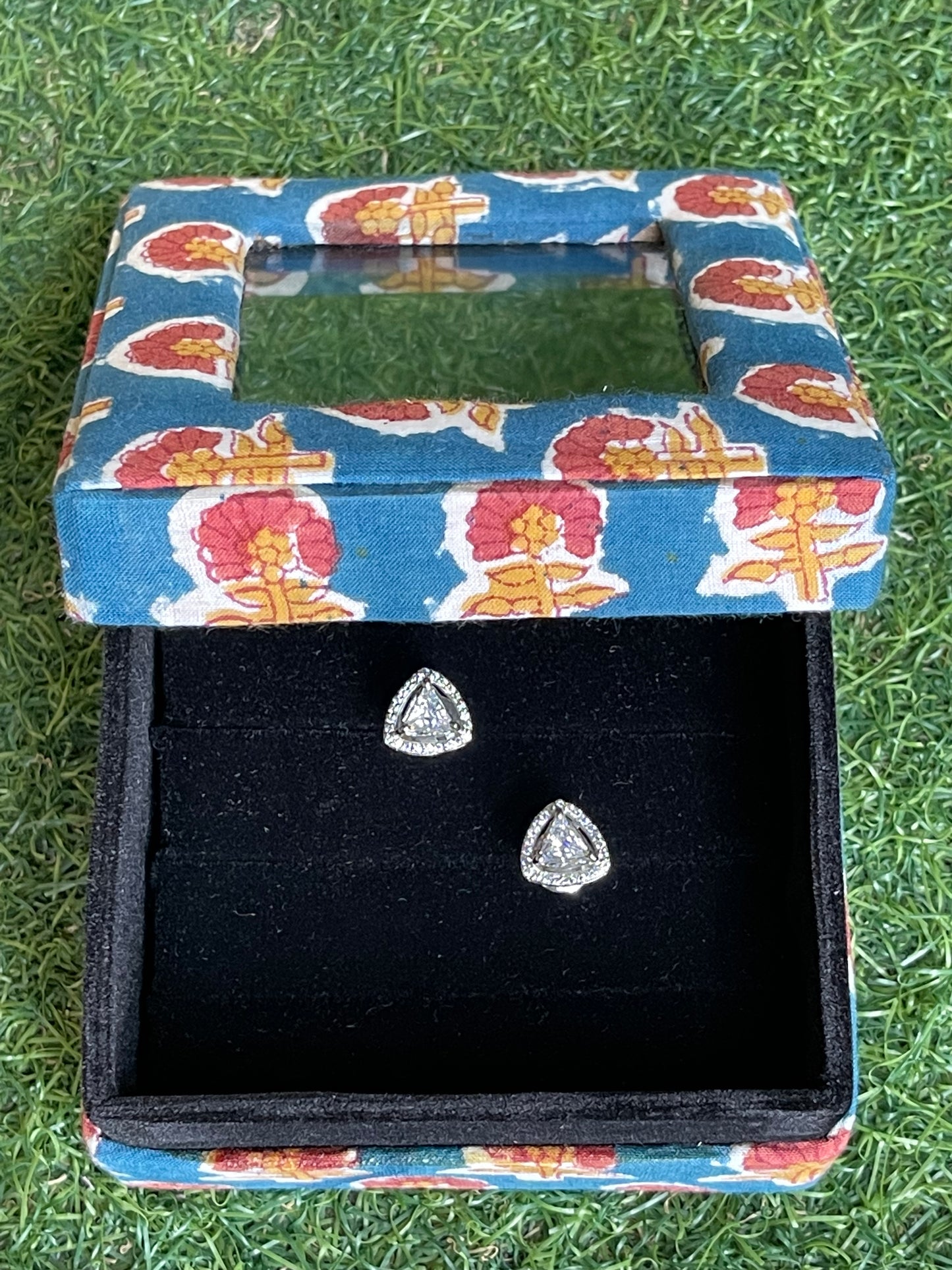 Blue block printed cotton wrapped earrings / finger ring organiser- handcrafted with see through glass top