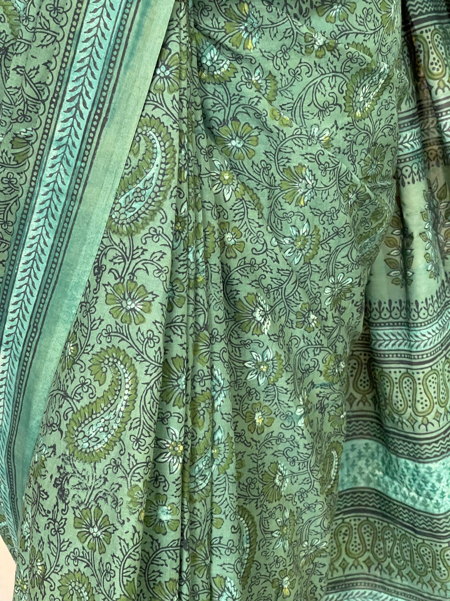 Green paisleys and flowers hand block printed cotton saree