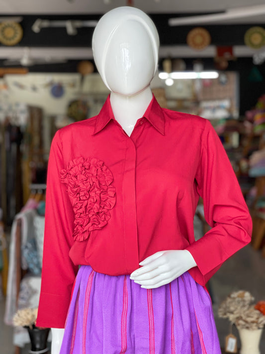 Maroon big flower front patch stylish shirt