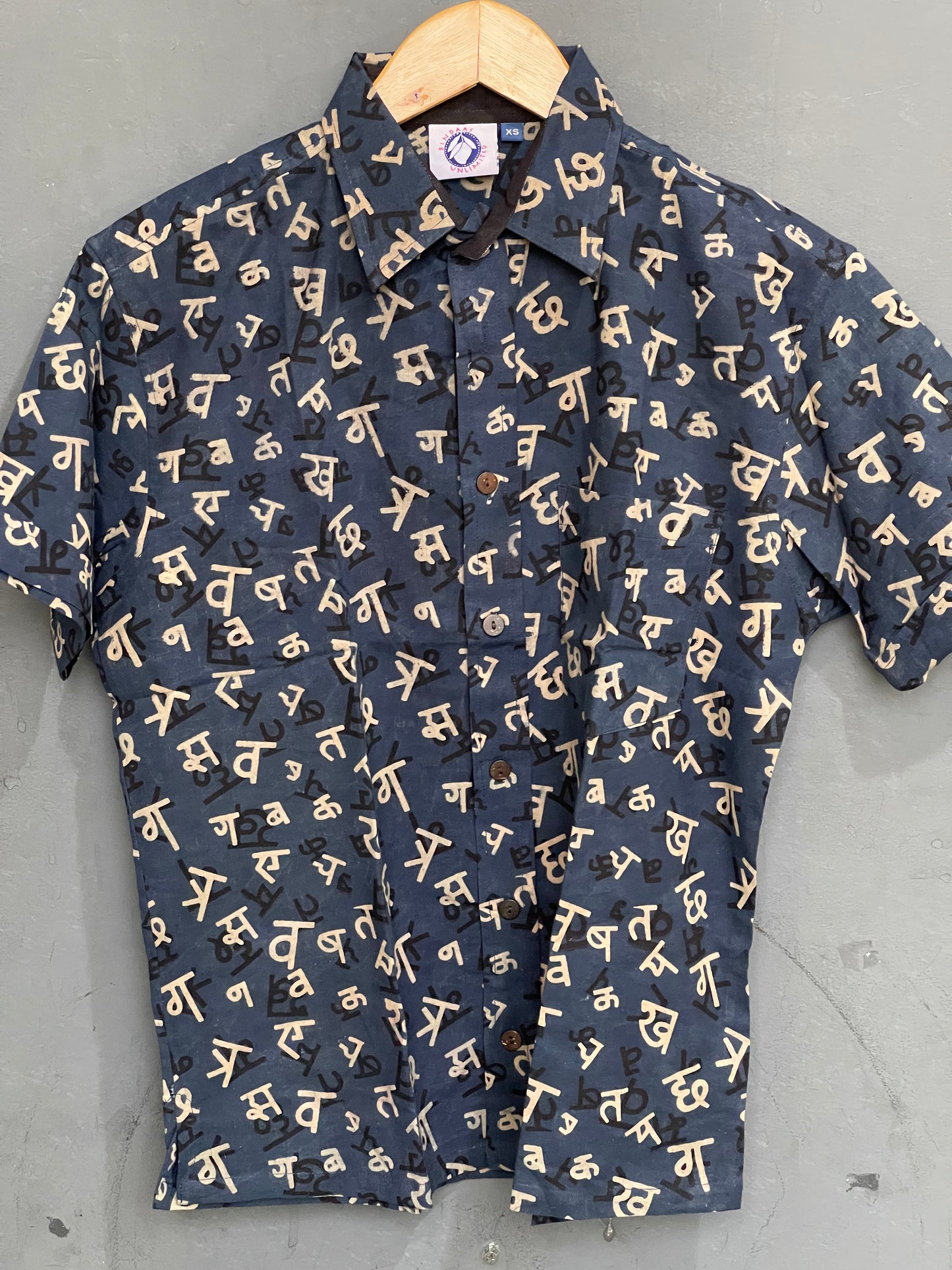 Blue Hindi / Devnagari Varnamala print half sleeves mens natural dye, hand block printed cotton shirt